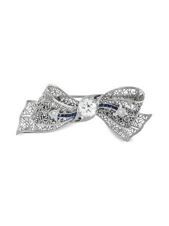 Luxury Bazaar platinum diamond sapphire art deco bow brooch - Silver