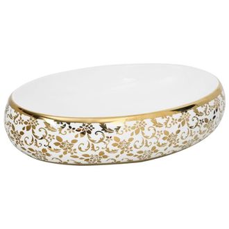 Berkfield Home Countertop Basin White & Gold Oval 59x40x15 cm Ceramic | Size: 59 x 40 x 15 cm
