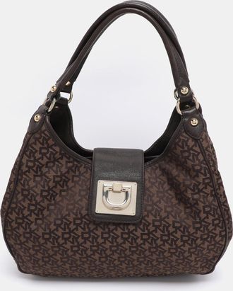 DKNY Dkny Brown Signature Canvas And Leather D Buckle Hobo