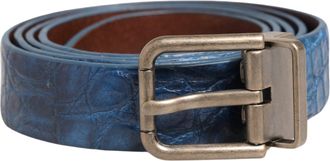 Dolce & Gabbana Mens Navy Blue Leather Gold Tone Metal Buckle Belt Caiman