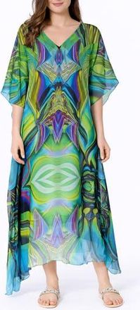 Ranee&rsquo;s Abstract Print V-Neck Maxi Caftan in Green at Nordstrom Rack