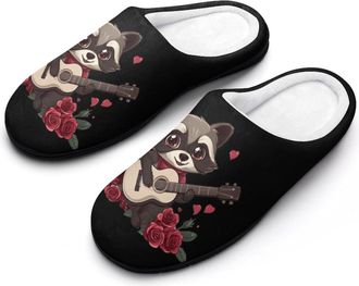 Generic Raccoon Playing Guitar Womens Slippers Warm House Slippers Indoor House Shoes with Anti-Skid Rubber Sole
