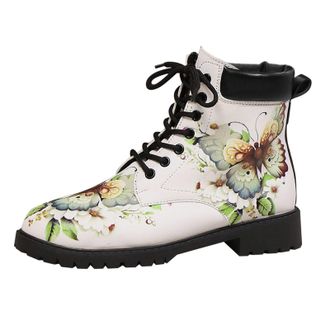 Generic Fashion Floral Combat Boots, Womens Round Toe Lace-Up Ankle Boots, Yellow and White Print, Platform Lugged Sole, European Style