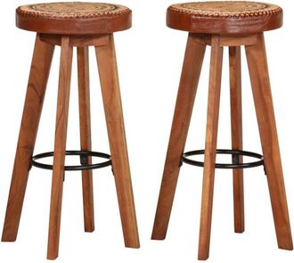 vidaXL Vidaxl - Taburetes de cocina 2 uds cuero auténtico madera maciza acacia