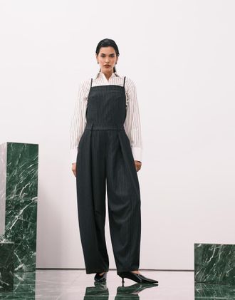 Asos Salopette sartoriale nera con motivo gessato e schiena scoperta-Multicolore