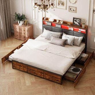 OEM Cama 180x200 Negro Pu - 4 Cajones - Cabecera Led - Estructura De Metal - Somier De Lamas Incluido