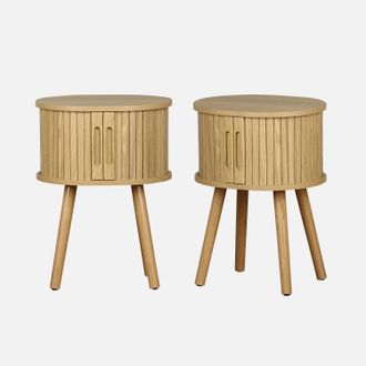 Sweeek Mesita De Noche Ovalada Escandinava Con Decoraci&oacute;n Madera Ranurada, Set De 2