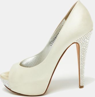 Gina White Satin Jenna Crystal Embellished Heel Peep Toe Platform Pumps