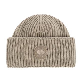 Canada Goose Accessoires, Dames, Beige, ONE Size, Wol, Wool Beanie Met Logopatch