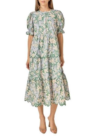 English Factory Floral Scallop Trim Tiered Midi Dress in Blue at Nordstrom, Size X-Small
