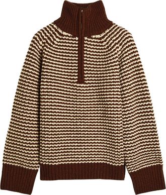 STUDIO NICHOLSON Striped Half-zip Wool Jumper - Brown - L
