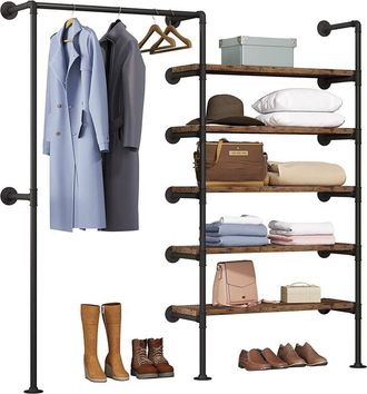 Woltu Appendiabiti Industriale. Guardaroba a Giorno con 5 Ripiani e Tubi dAcciaio. Attaccapanni con Montaggio a Parete. Porta Abiti Nero e Legno Vintage