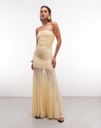 Aria Cove Vestito lungo a fascia in chiffon effetto liquido color limone con dettaglio arricciato e fondo trasparente-Bianco