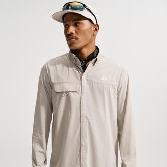 Nike Mens Nike ACG Aireez Long-Sleeve Button-Up Trail Running Top in Brown | IM5144-236