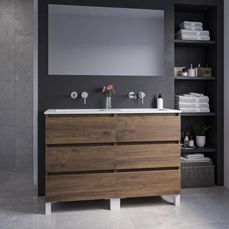 Saniclass Chaci PLUS Badkamermeubelset - 120x86x46cm - keramische wastafel wit - 2 wasbakken - zonder kraangaten - 6 lades - rechthoekige spiegel - noten (hout)