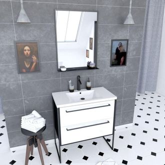 Aurlane Pack Mueble Ba&ntilde;o 80x50 - 2 Cajones Blancos - Lavabo Blanco + Espejo Negro
