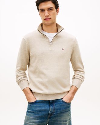 Tommy Hilfiger Mens Sandalwood Heather 1/4 Zip Sweatshirt in Light Grey Cotton - Size X-Large