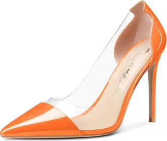 Castamere Womens High Heel Stilettos Clear Slip-on Pumps Court Shoe Close Pointed Toe Cute Classic Wedding Shoes 10 CM Heels Orange 3.5 UK