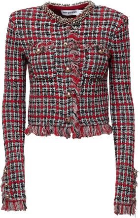 Self Portrait Gevlochten gebreid jasje met rafels - Dames - Blazers - Rood - S - Katoen - Jassen