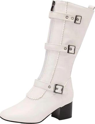 Generic Womens Vintage Knee High Boots Classic Round Toe High Block Heel Slip On With Side Metal Decoration Fashion Footwear