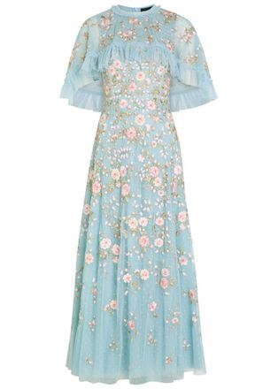 Needle & Thread Eden Rose Embroidered Cape-effect Tulle Gown - Blue - 18 (UK18 / Xxl)