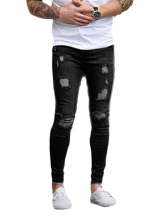 Generic JIER Skinny Jeans for Men Stretch Slim Fit Ripped Mens Distressed Skinny Denim Pant Hole Trousers Hole Jeans (Black,L)