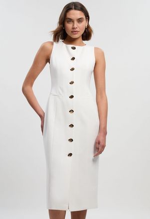 Karen Millen Womens Compact Essential Button Pencil Midi Dress - White - Size 16 UK