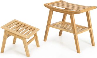 Costway Costway - Set Taburete De Ducha Y Reposapi&eacute;s De Bamb&uacute;, Taburete Organizador Ba&ntilde;o, Asiento Ducha Con Repisa Abajo