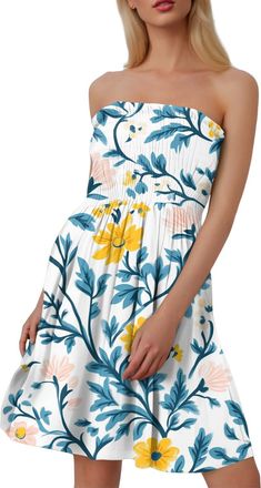 Generic Womens Strapless Bandeau Mini Dress Women UK Summer Dresses Cotton Sundress for Women Floral Print Bandeau Sheering Sleeveless Mini Dress Boob Tube Pl