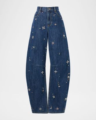 Self Portrait Flower Embellished Barrel-Leg Jeans