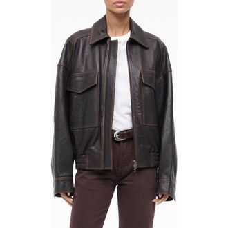 Staud Eugene Leather Jacket in Distressed Brown at Nordstrom, Size Medium