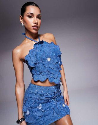 Asos denim 3D flower top with pearl embellishment in dark wash blue - part of a set