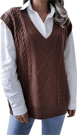 Generic HUIFUAO Womens Sleeveless Jumpers Oversized V Neck Sleeveless Sweater Cable Knitted Waistcoats Basic Lightweight Pullover Soft Tank Tops (Coffee, L)