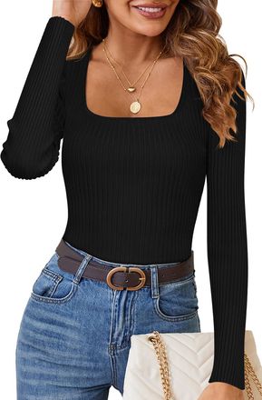 Merokeety Womens 2025 Square Neck Long Sleeve T Shirts Slim Fitted Ribbed Knit Casual Tee Tops, Black, XXL