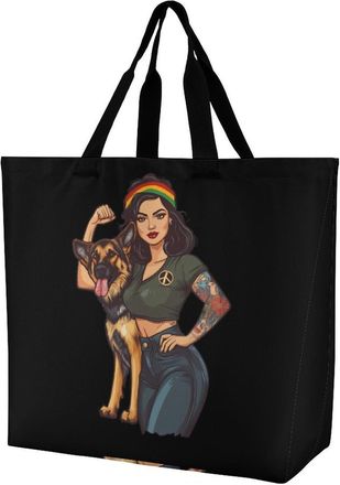Generic Dog Mothers Day German Shepherd Reusable Shopping Bags One Shoulder Grocery Tote Bag Waterproof Big Purse for Work Travel