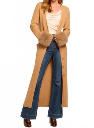 Ramy Brook Louise Wool Blend Faux Fur Trim Duster Sweater In Camel