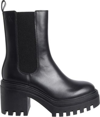 Calvin Klein Jeans Zwarte Chunky Heeled Chelsea Enkellaarzen - Dames - Laarzen met Hak - Zwart - 40 EU - Leer - Schoenen