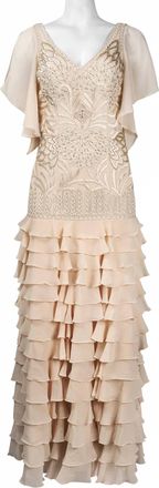 Sue Wong Flutter Sleeve Embroidered Tiered Dress In Antique Champagne