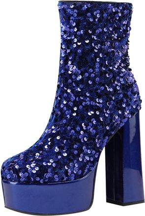 Generic Women Autumn Winter Fashion Ankle Boots with Sequin Decorations Shiny Thick Heel Platform Design for Ultimate Comfort and Style (Blue, 5.5)