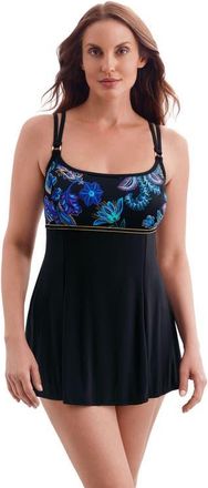 Longitude Empire Princess Seam Long Torso Swim Dress with Hardwear in Majorelle Garden at Nordstrom, Size 18