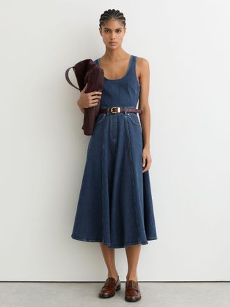 Reiss Indigo Blue Denim Sleeveless Waisted Midi Dress, 16