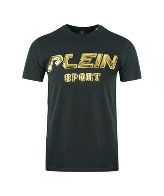 Plein Sport Mens Gold Logo Black T-Shirt Cotton - Size X-Large