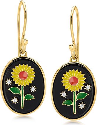 Ross-Simons Onyx and Multicolored Enamel Sunflower Drop Earrings With White Topaz in 18kt Gold Over Sterling