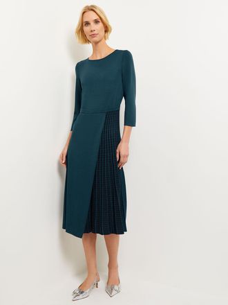 Misook Pleated Contrast Panel Soft Knit Dress, Marine Teal & Black