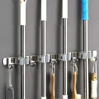 OEM Porta Scopa Da Parete - Appendi Scopa In Acciaio Inossidabile, Supporto Appendiabiti Per Cucina, Garage, Lavanderia (4 Slot E 5 Ganci)