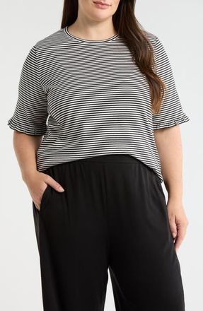 Jones New York Stripe Frill Sleeve Stretch Cotton Top in Jones Black/Natural White at Nordstrom, Size 2X