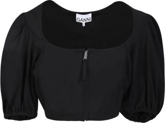 Ganni Crop Zip Blouse - Dames - Blouses - Zwart - M - Polyester - Overhemden