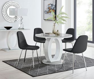 Furniturebox Giovani Round 4 Seat 100cm White High Gloss Halo Base Grey Glass Top Dining Table 4 Soft Faux Leather Silver Leg Corona Chairs in Black