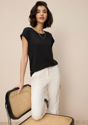 Tamaris T-Shirt TAMARIS, Damen, Gr. 34, schwarz, Single Jersey, Obermaterial: 95% Viskose, 5% Elasthan, unifarben, Basic, regular fit h&uuml;ftbedeckend, Rundhals,