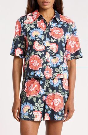 Ellen Tracy Floral Short Sleeve Crop Button-Up Shirt in Navy Summer Bloom at Nordstrom Rack, Size X-Small